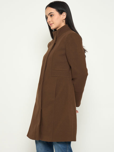 Madame Brown Mock Neck Long Coat with Buttons