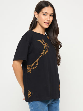 Madame Embroidery Patchwork Detailed Black Cotton T-shirt