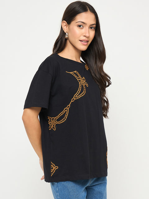 Madame Embroidery Patchwork Detailed Black Cotton T-shirt