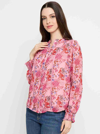 Madame Floral Print Lace Detailed Pink Top
