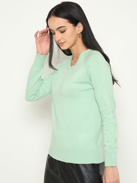 Madame V Neck Solid Green Sweater