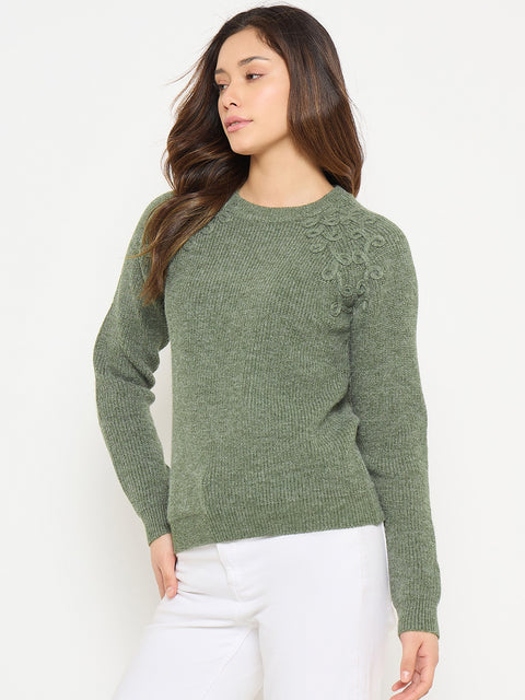 Madame Embroidered Olive Green Sweater