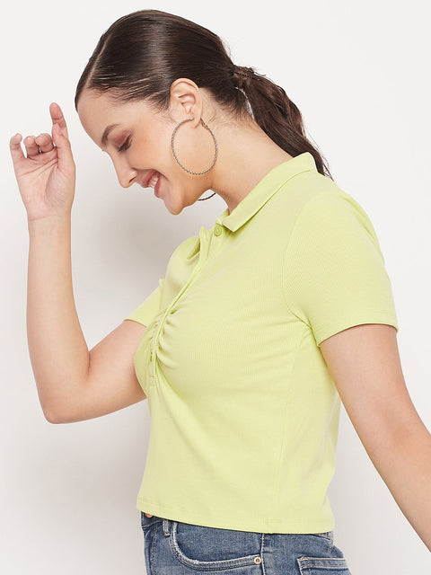 Madame Solid Green Cotton Collared Tshirt