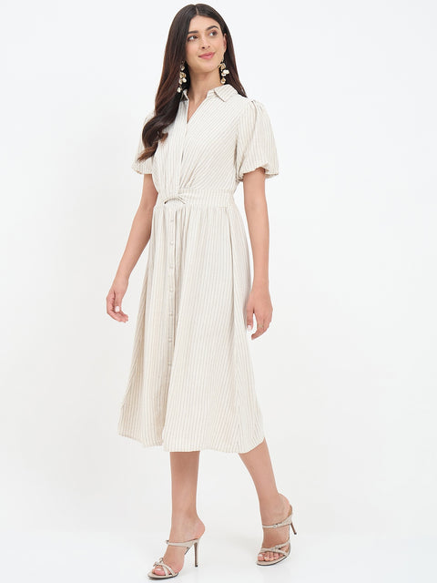 Madame Beige Viscose Linen Blend Midi Dress