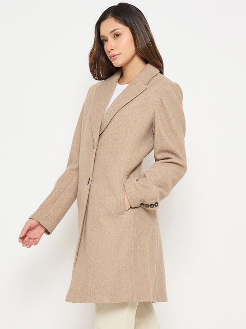 Madame Lapel Notch Collar Beige Long Coat with Buttons