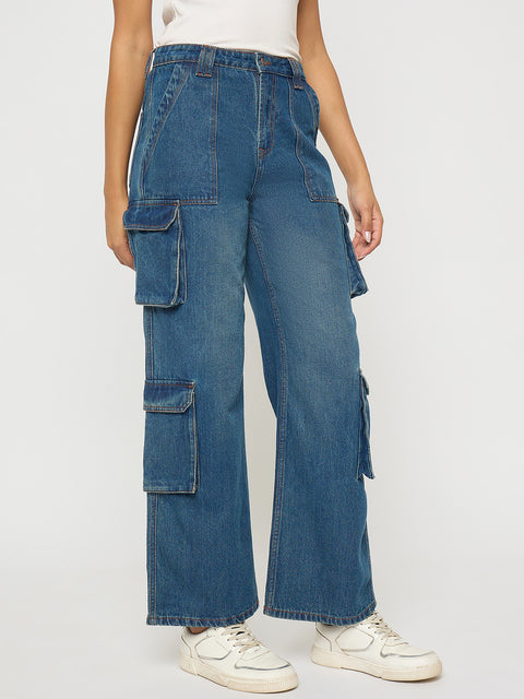 Madame Multi Pocketed Mid Blue Cotton Denim Cargo