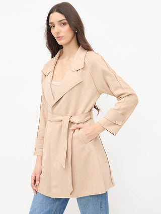 Madame Beige Trench Coat with Lapel Notch Neckline and Belt