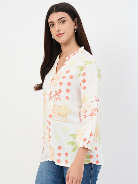 Madame Off-White Printed Mandarin-Collar Viscose Tunic