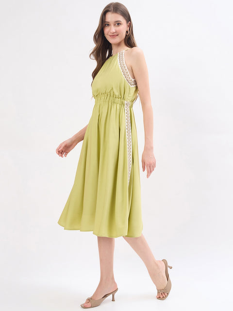 Madame Embroidery Trim Cinched Flare Viscose Dress