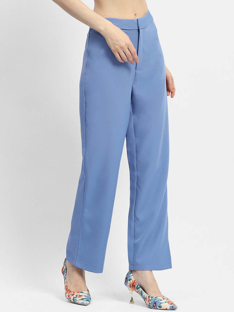 Madame Solid Blue Straight Fit Trousers