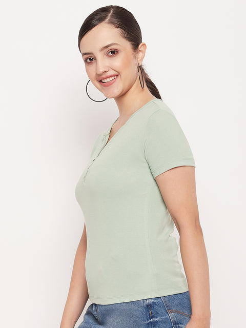 Madame Green Deep V Neck Fitted Cotton T-shirt