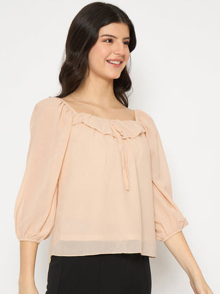 Madame Ruffle Detailed Square Neck Beige Top