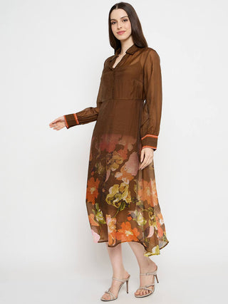 Madame Floral Print Chocolate Brown Midi Dress