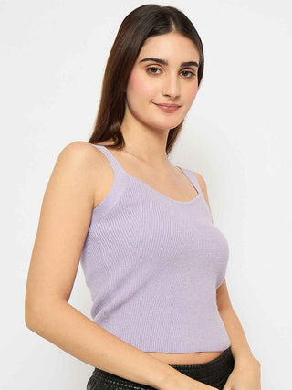 Madame Sleeveless Solid Mauve Ribbed Knit Sweater