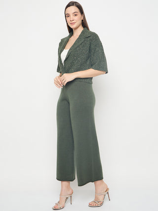 Madame Textured Coat with Solid Top and Bottoms Olive Green Co-ord Set