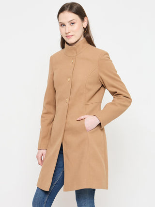 Madame Stand Collar Beige Long Coat with Buttons
