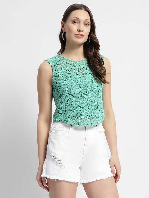 Madame Sleeveless Turquoise Green Crochet Top