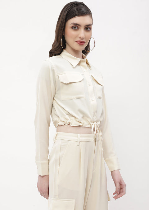 Madame Drawstring Waist Beige Flap Pocket Crop Shirt