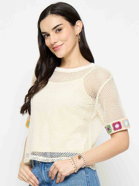 Madame Embroidered Semi Sheer Two Piece Ivory Top