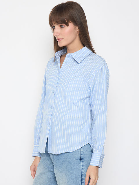 Madame Striped Cuff Sleeve with Shirt Collar Blue Shirt
