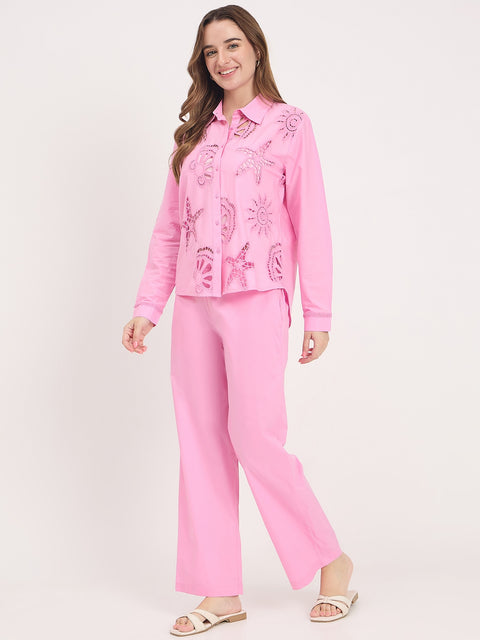Madame Pink Cotton Round Neck Co-ord Set Top