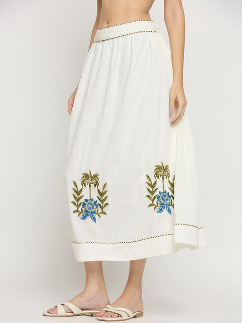 Madame Off White Viscose Blend Embroidered Skirt