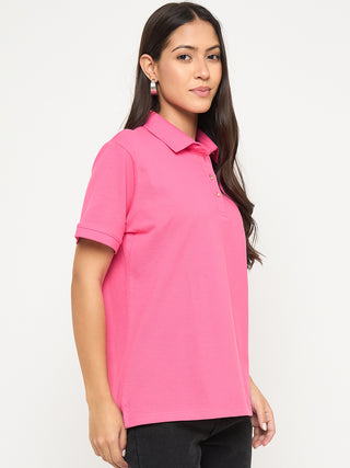 Madame Cotton Blend Solid Pink Polo T-shirt