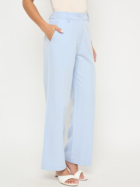 Madame Solid Sky Blue Straight Fit Trousers