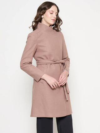 Madame Front Pocketed Textured Blush Long Wrap Coat