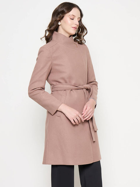 Madame Front Pocketed Textured Blush Long Wrap Coat