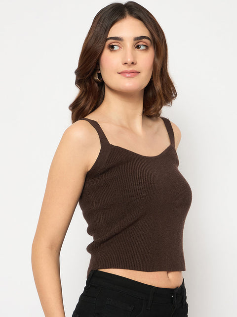 Madame Sleeveless Solid Coffee Brown Ribbed Knit Sweater