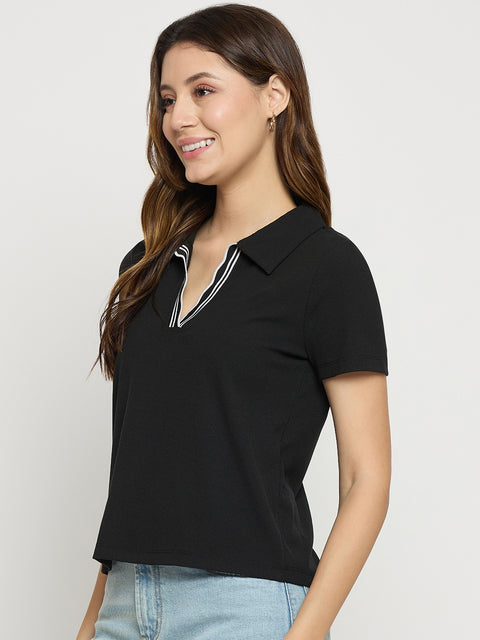Madame Black Knit Polo Neck Short Sleeve T-Shirt