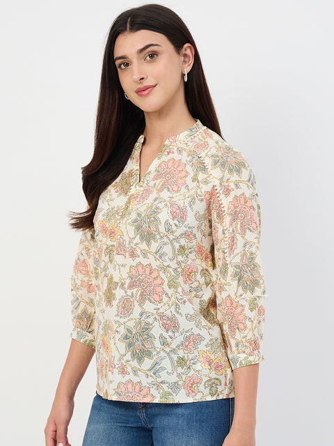 Madame Beige Printed Cotton-Blend Top