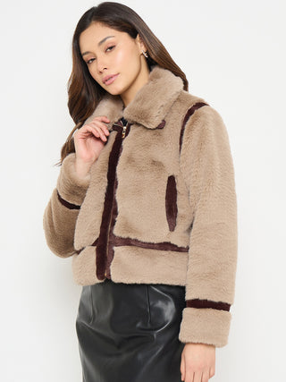 Madame Faux Fur Trim Brown Jacket with Contrast Seams