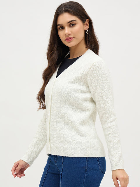 Madame White Self Design Cardigan