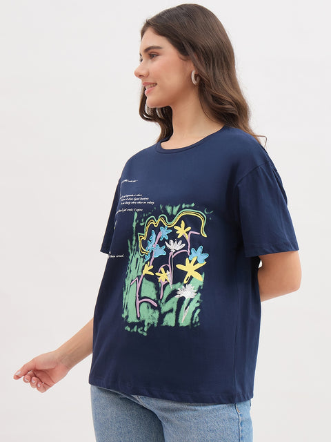 Madame Navy Graphic Print Cotton Half Sleeve T-Shirt