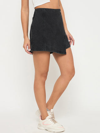 Madame Asymmetrical Wrap Built-in Shorts Black Denim Skirt