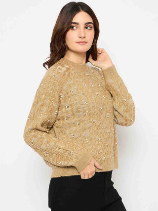 Madame Cable Knit Pearl Embellished Brown Sweater