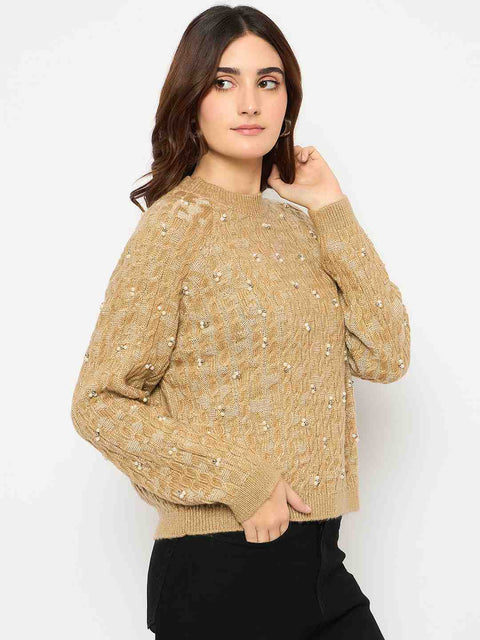 Madame Cable Knit Pearl Embellished Brown Sweater