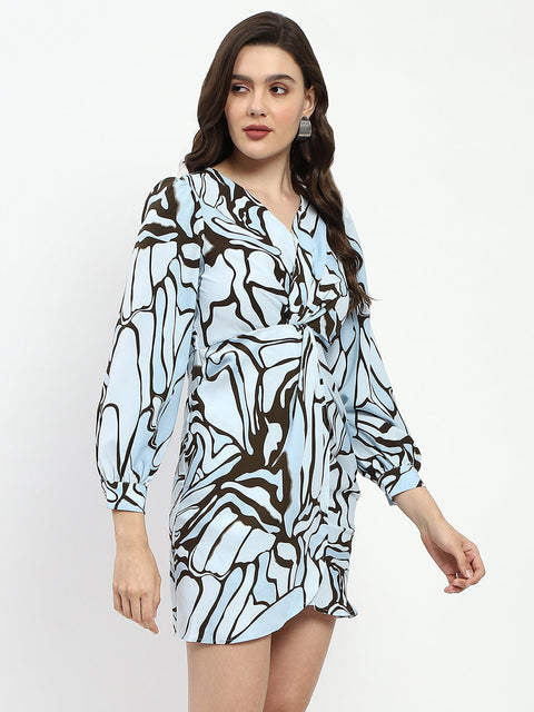 Madame Butterfly Print Wrap Style Surplice Neck Sky Blue Mini Dress