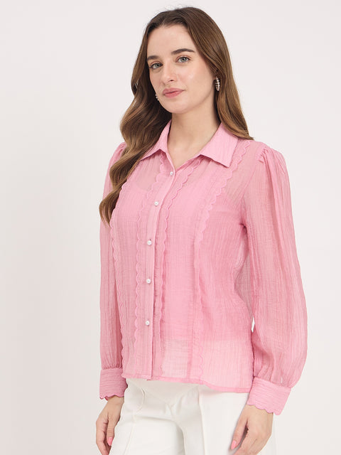 Madame Pink Lace Detail Lyocell Puff Sleeve Shirt