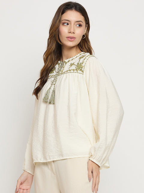 Madame Off White Viscose Embroidered Round Neck Puff Sleeve Tunic Top
