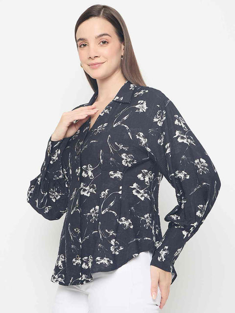 Madame Floral Print Pintuck Detailed Black Shirt