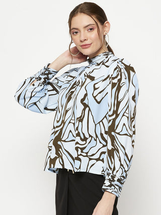 Madame Embellished Butterfly Print Sky Blue Mock Neck Top