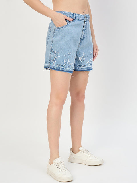 Madame Mid Blue Cotton Tencel Embroidered Denim Shorts