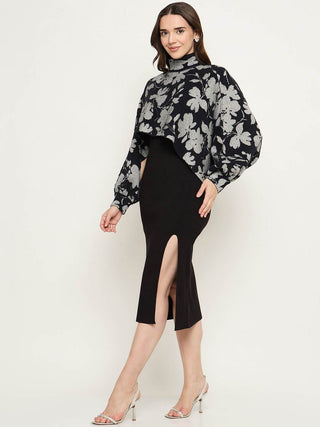 Madame Floral Print Sweater and Solid Dress Black Knitted Co-ord Set