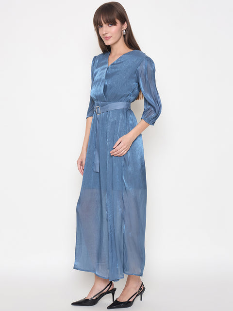 Madame Wrinkled Lurex Self Design Belted Blue Maxi Dress