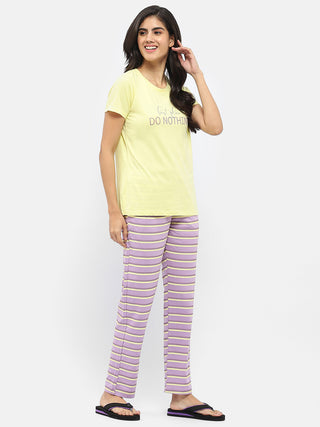 Msecret Typography T-Shirt With Striped Pajama Lime Green Nightsuit