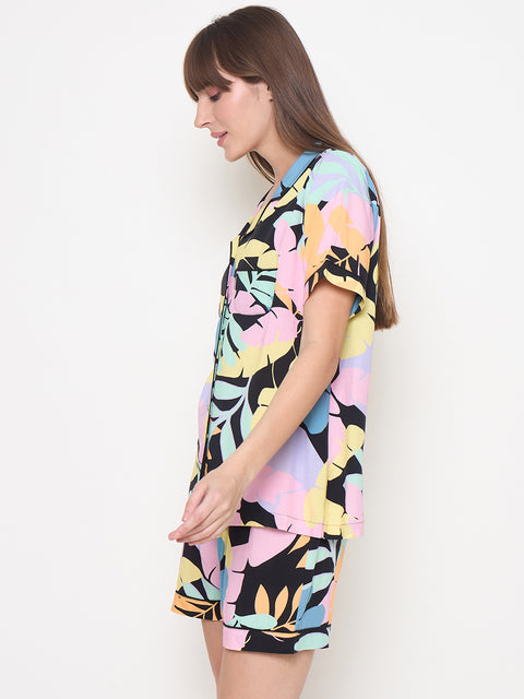 mSECRET Botanical Print Top and Shorts Black Night Suit
