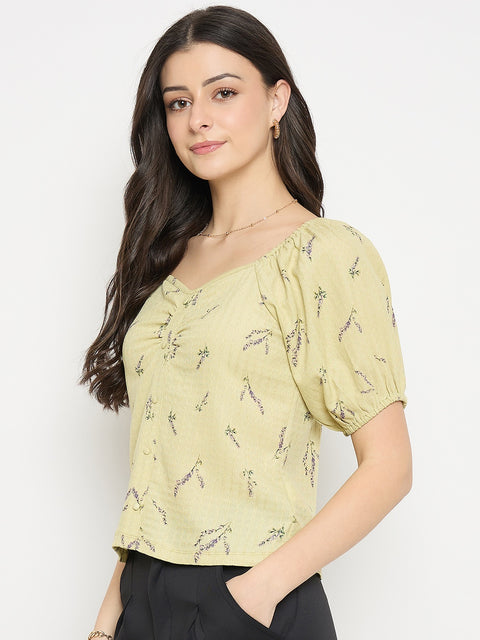 Madame Women’s Yellow Ruched Puff Sleeve Top